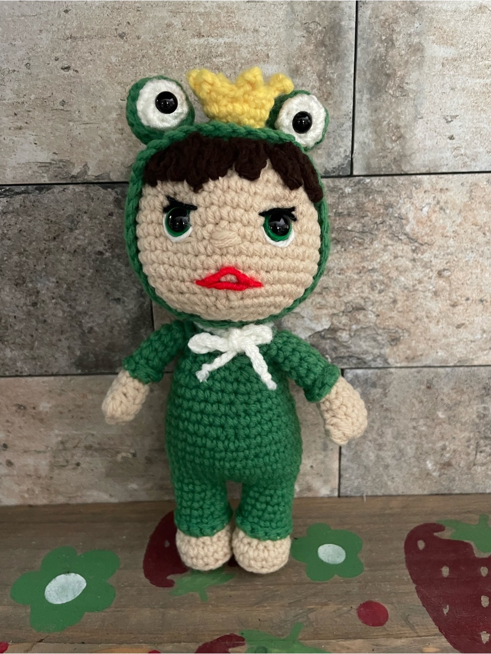 Handmade Green Frog Costume Crochet Doll with Yellow Crown